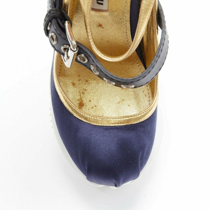 rare MIU MIU blue satin gold trim punk strap Barocco platform wedge EU34