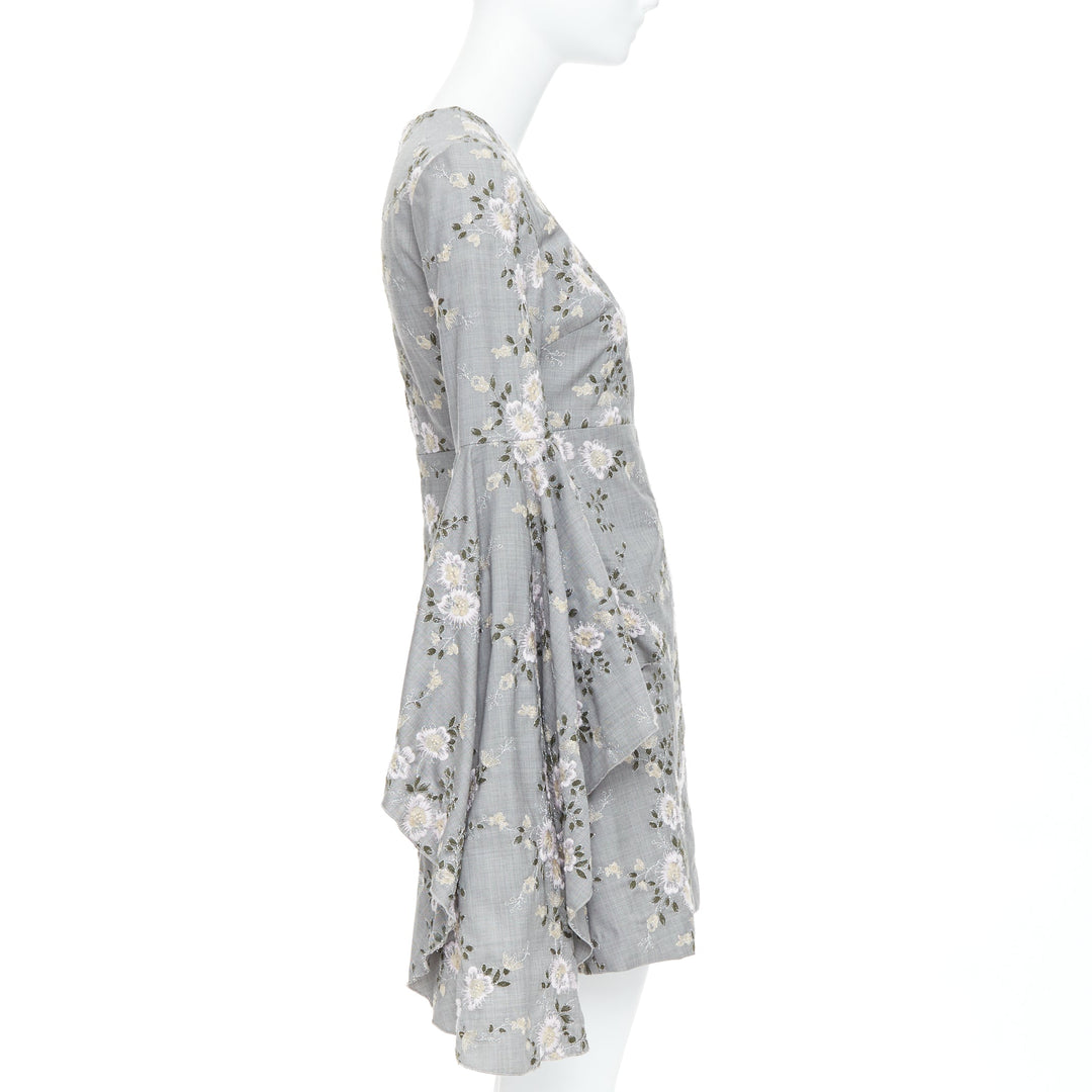 GIAMBATTISTA VALLI grey wool floral embroidery cascade bell sleeve dress IT38 XXS