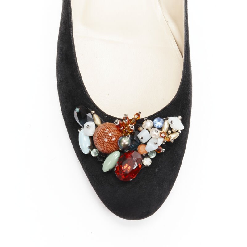 CHRISTIAN LOUBOUTIN mixed crystal stone embellished black suede flats EU37.5