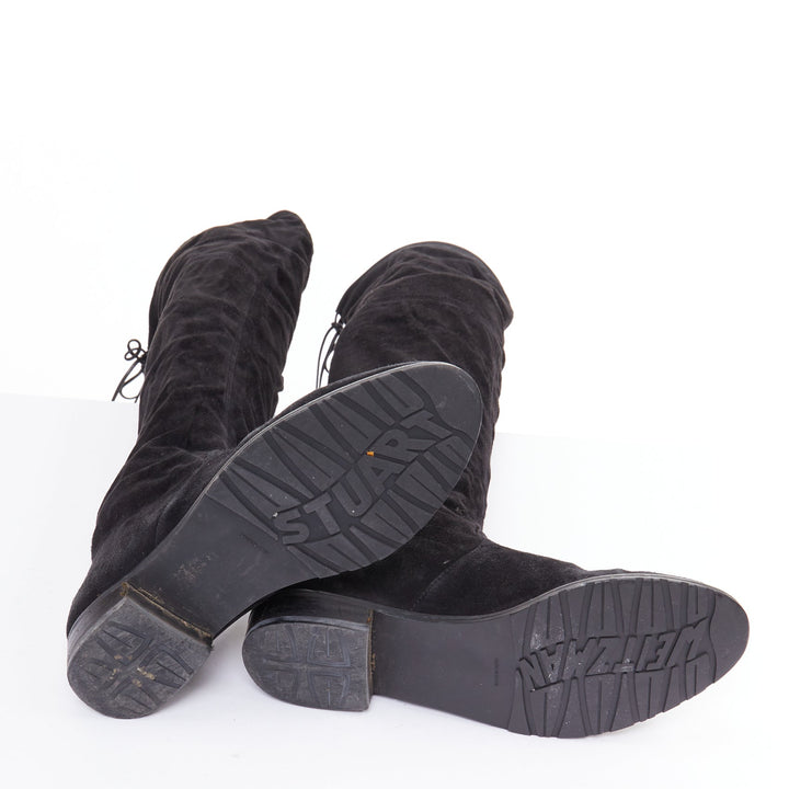 STUART WEITZMAN Lowland black suede drawstring top over knee flat boots EU38