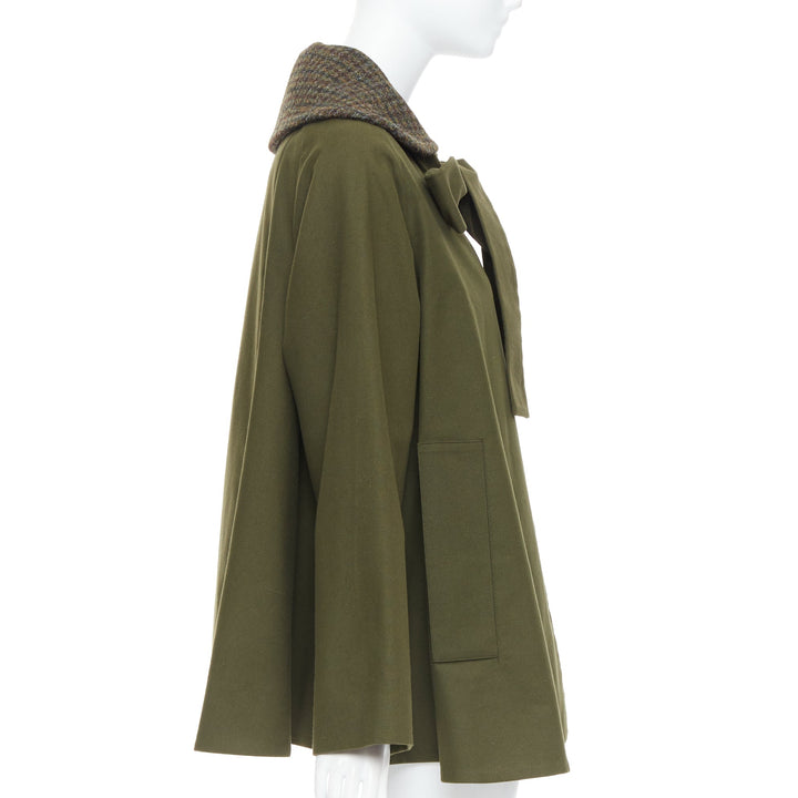 LOEWE khaki green cotton tweed collar bow neck swing coat FR34 XS