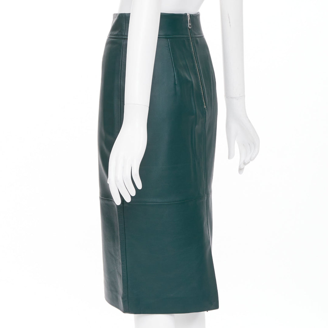 BOSS dark green panelled lambskin leather exposed silver zip pencil skirt US2 S