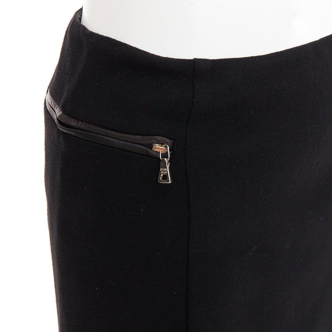 PRADA Vintage black wool minimal linear leather trim zip pocket skirt IT38 XS