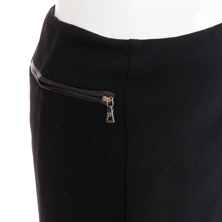 PRADA Vintage black wool minimal linear leather trim zip pocket skirt IT38 XS