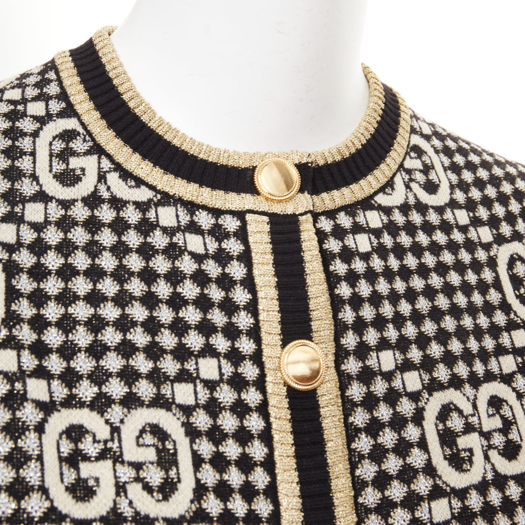 GUCCI 2019 GG Diamond black gold wool blend metallic web cropped cardigan XS