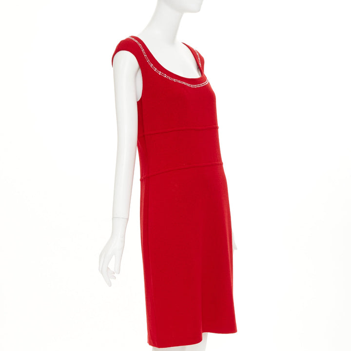ST JOHN COUTURE Red crystal embellished scoop neck knit dress US8 M