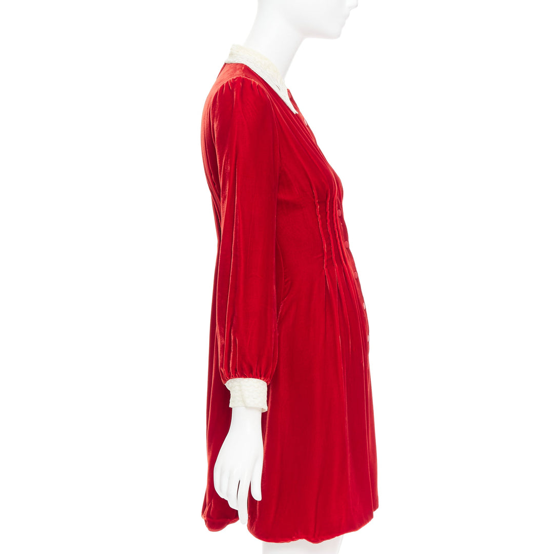 DIOR 2017 Runway red crushed velvet cream lace trim pleated dress FR34 XS