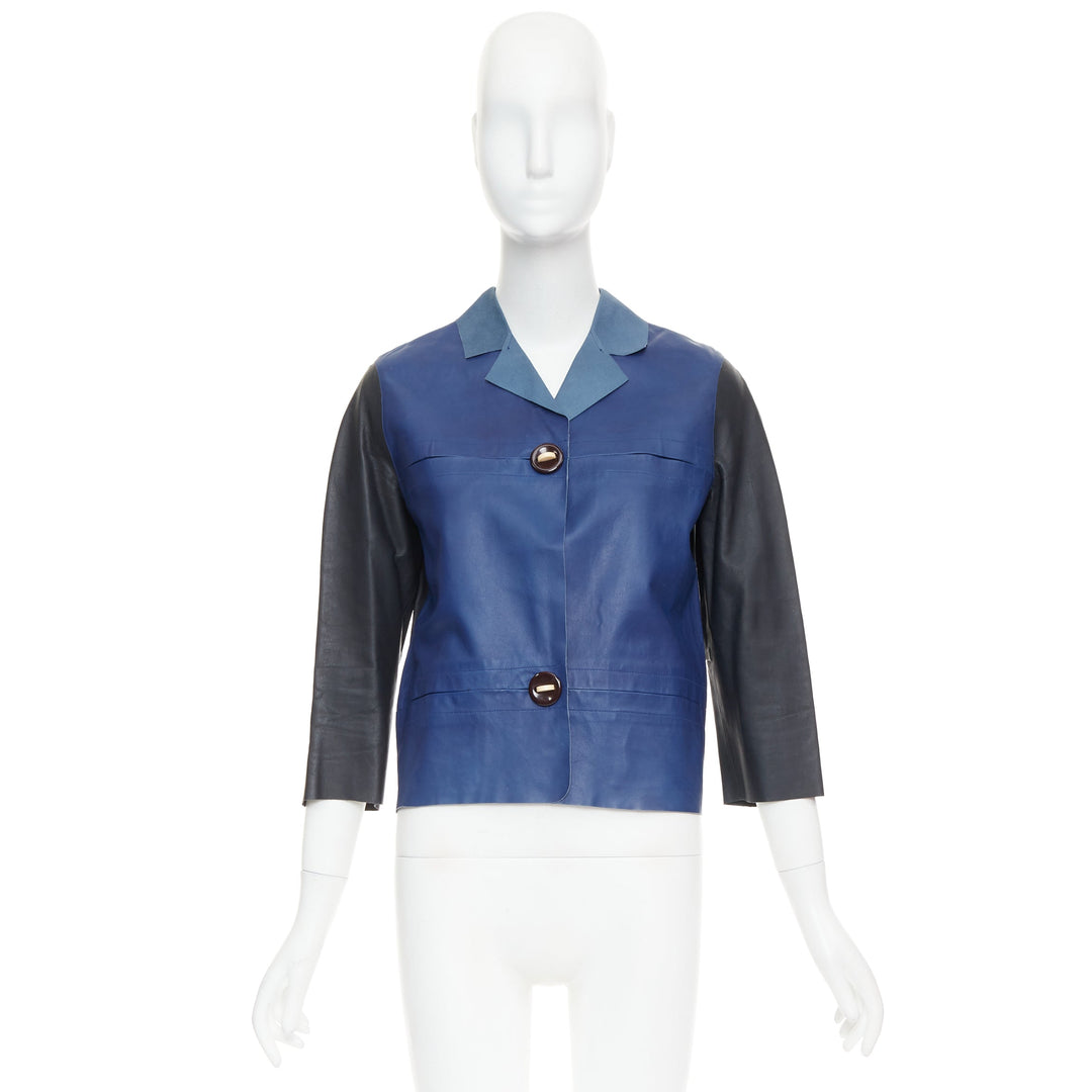 MARNI blue black colorblocked calf leather geometric buttons crop jacket IT40 S