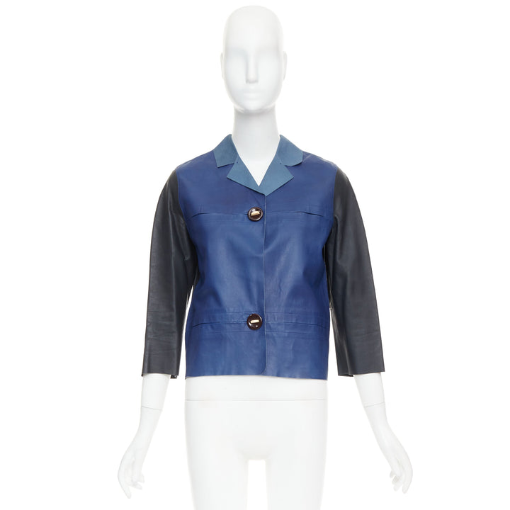 MARNI blue black colorblocked calf leather geometric buttons crop jacket IT40 S