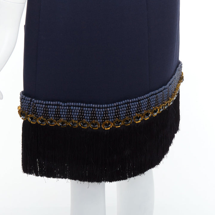 MARNI navy bead black crystal fringe embellished hem knee skirt IT38 XS