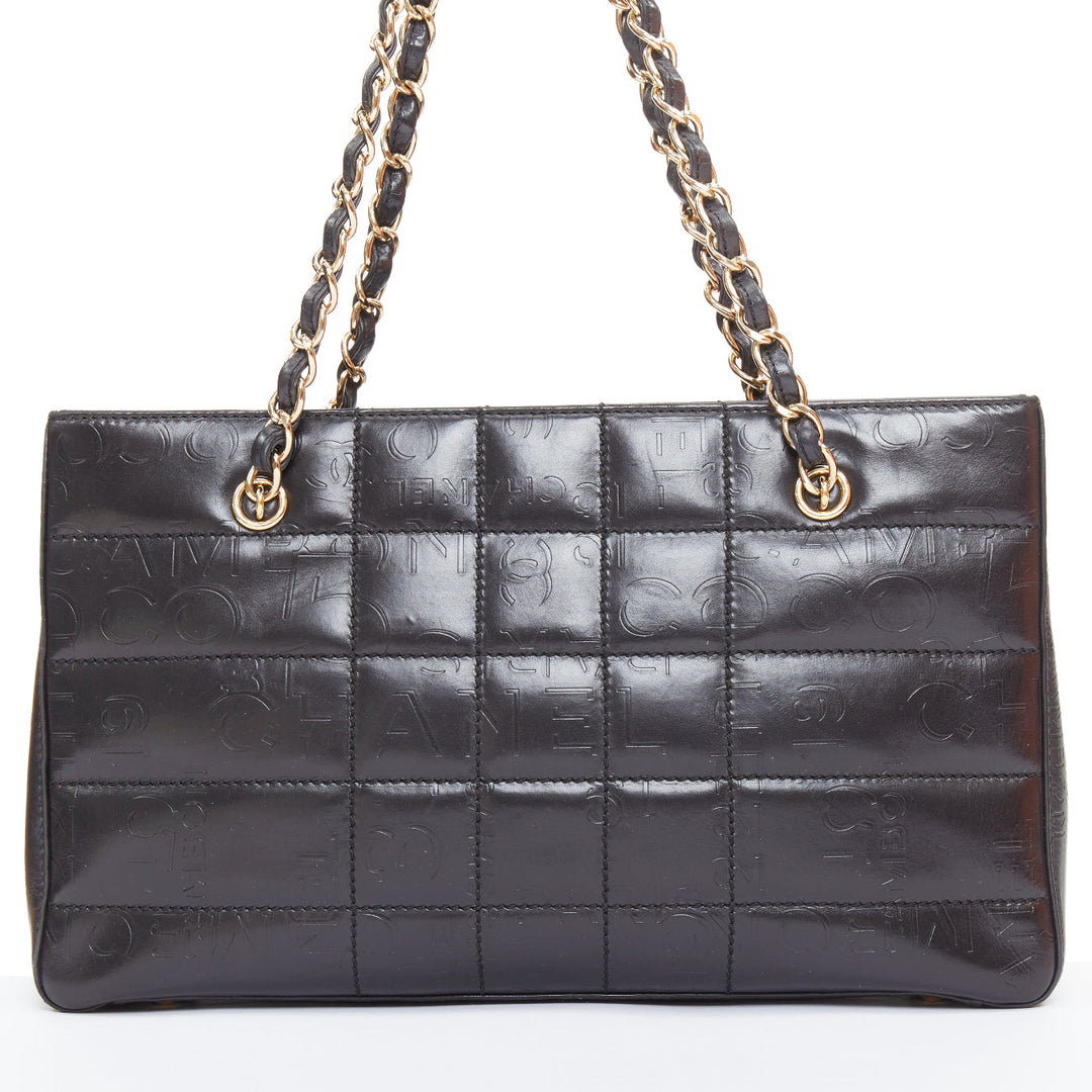 CHANEL Vintage 2002 Chocolate Bar black leather logo embossed chain tote bag