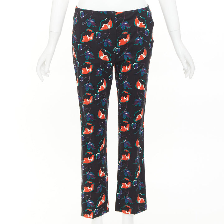 MIU MIU 2014 black red blue wool floral cropped kick flare trousers IT38 XS