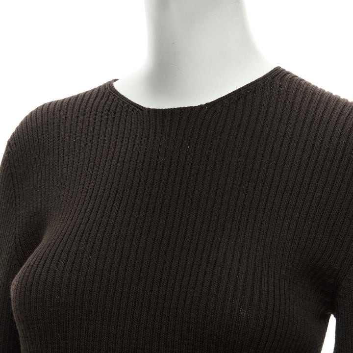 PRADA 100% wool dark brown ribbed crew neck long sleeve sweater top IT42 M