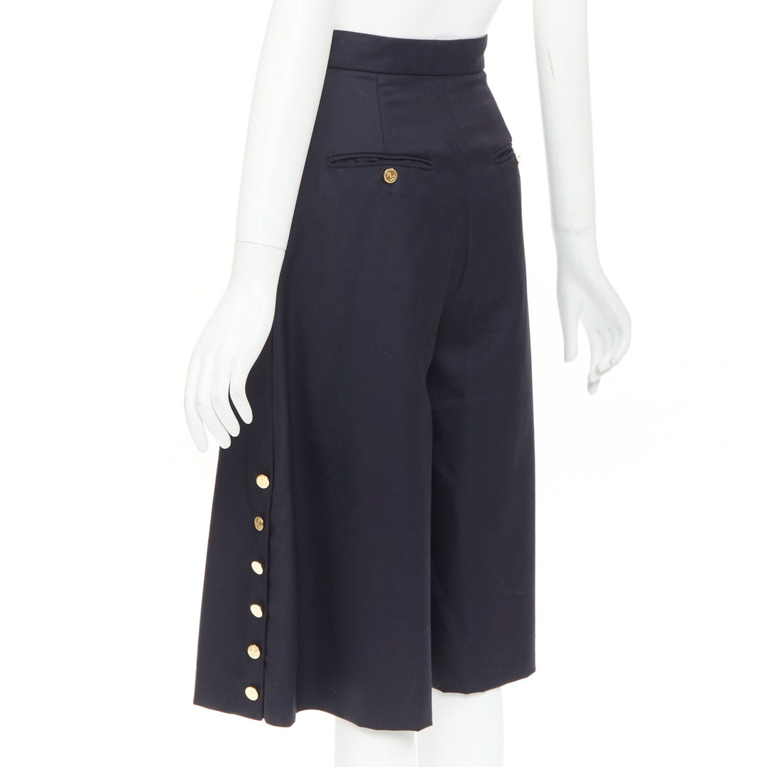 THOM BROWNE navy wool side button sailor striped lining culottes shorts IT36 XXS