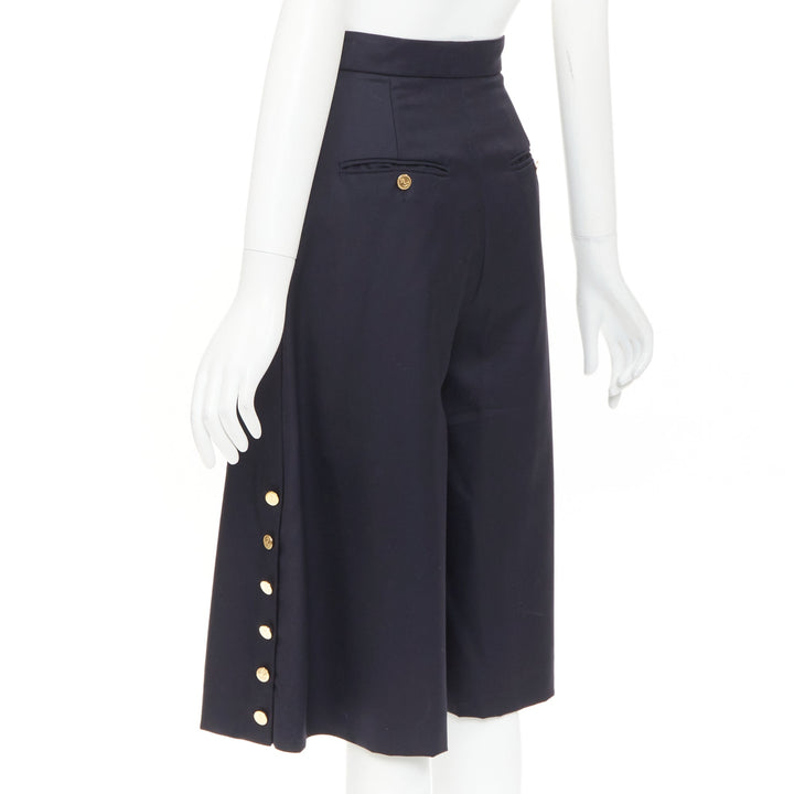 THOM BROWNE navy wool side button sailor striped lining culottes shorts IT36 XXS