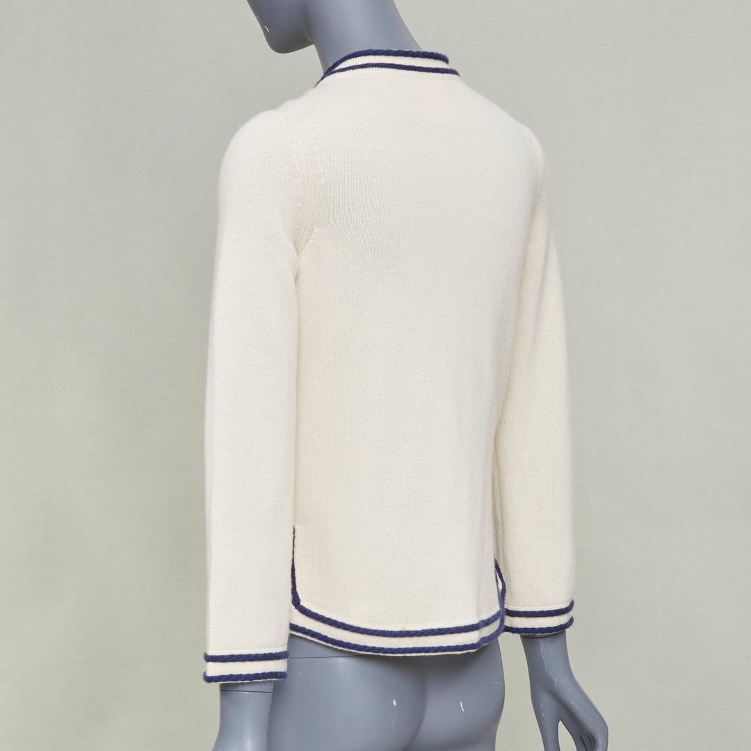 CHANEL 2015 ivory navy blue contrast trim rib pocket cashmere cardigan FR34 XS