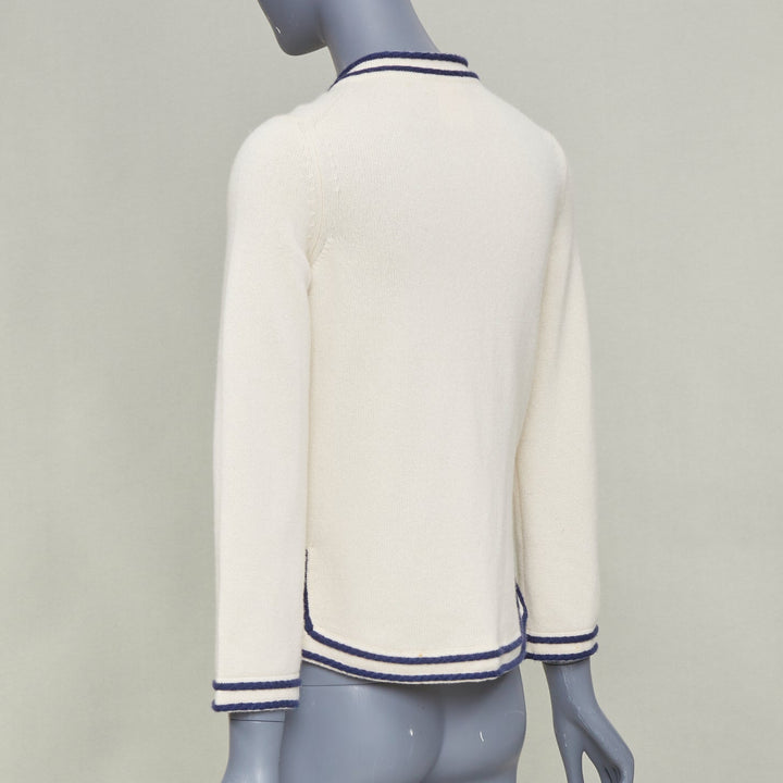 CHANEL 2015 ivory navy blue contrast trim rib pocket cashmere cardigan FR34 XS