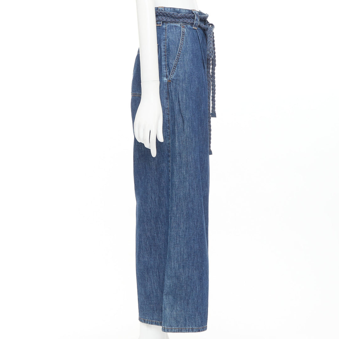 CHRISTIAN DIOR blue washed cotton braided wrap tie belt wide jeans FR34 XS