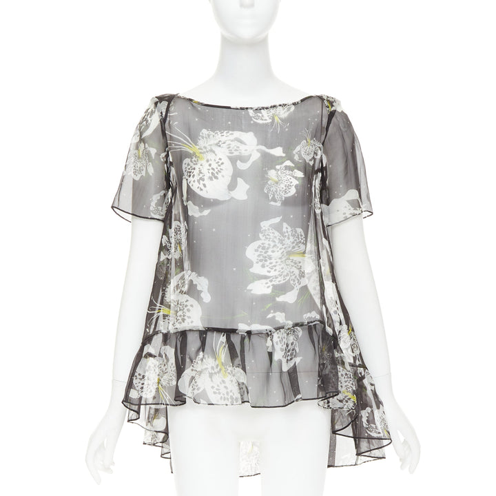 ERDEM 100% silk black yellow sheer floral waterfall frill babydoll top UK10 M