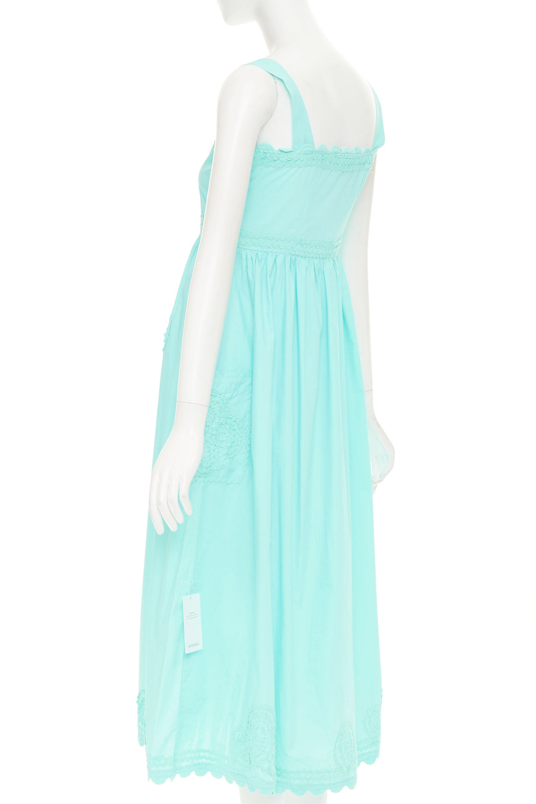 JULIET DUNN squiggle applique neon aqua cotton square neck sundress US1 XS
