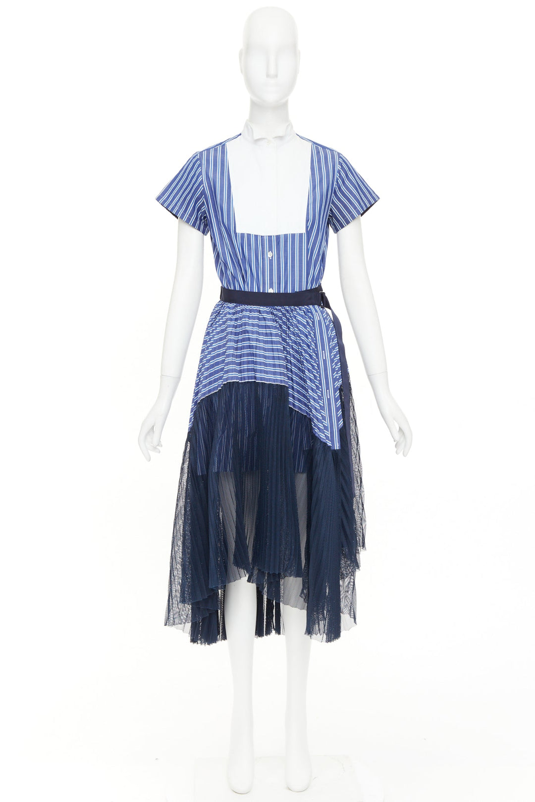 SACAI 2018 blue white navy striped bib front pleated mesh hem hybrid dress JP1 S