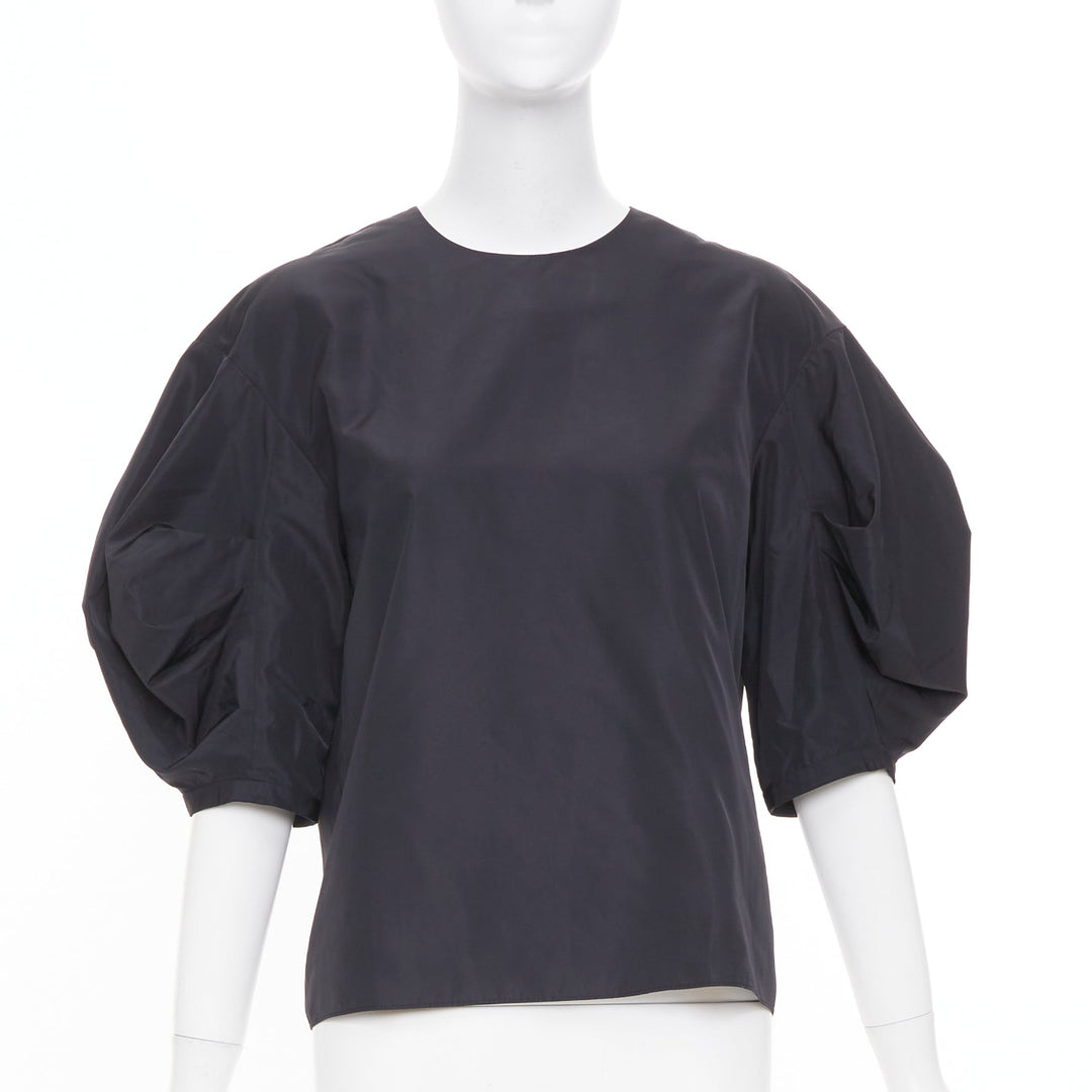 TIBI Italian Sporty Nylon Pleat Sleeve black sculptural balloon blouse US0 XS