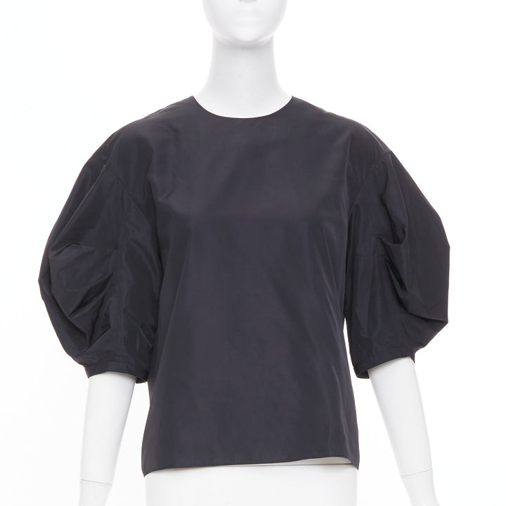 TIBI Italian Sporty Nylon Pleat Sleeve black sculptural balloon blouse US0 XS