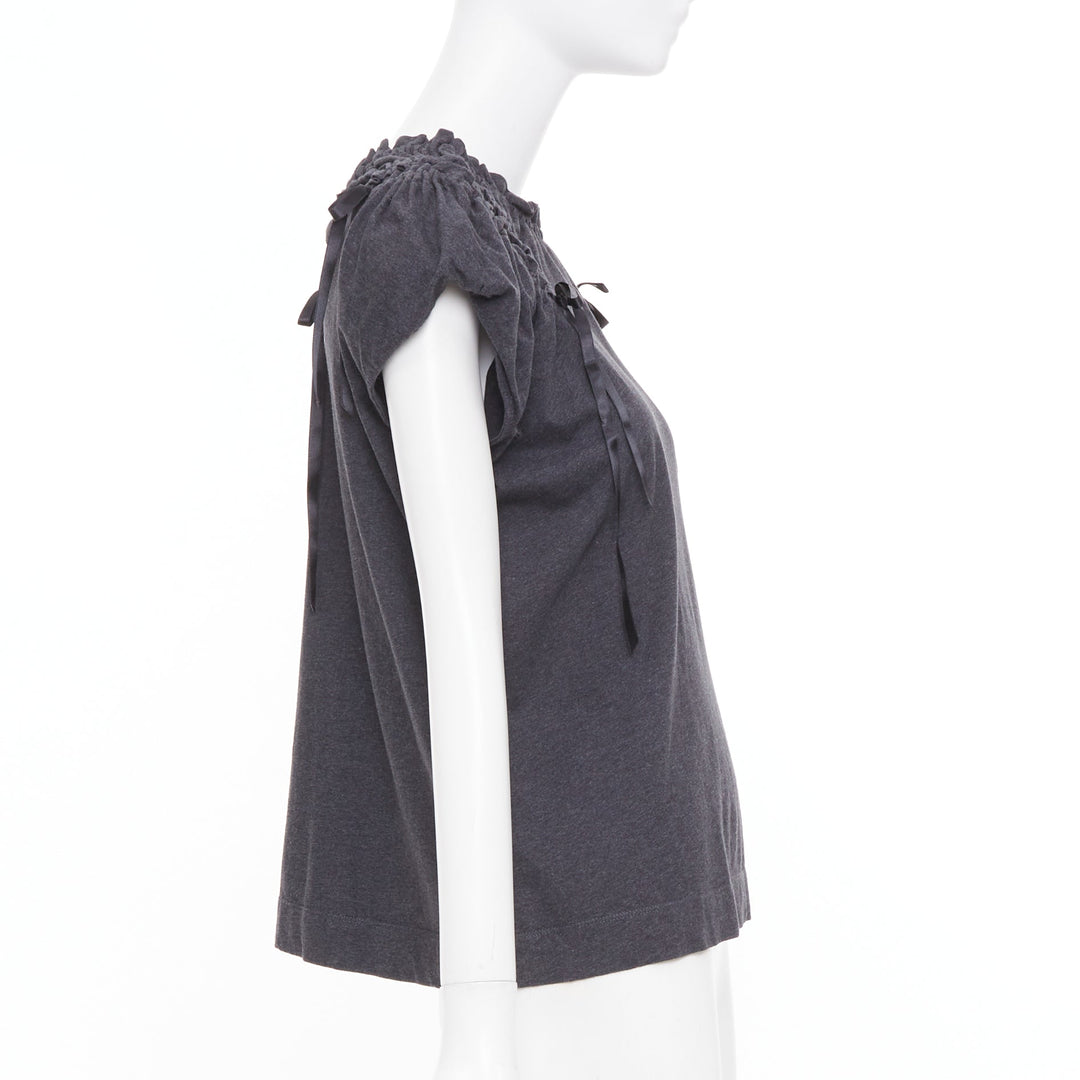 SIMONE ROCHA gray cold shoulder ruched ribbon detail puff sleeve cotton top S