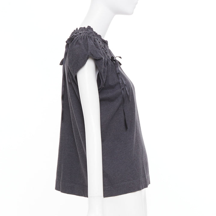 SIMONE ROCHA gray cold shoulder ruched ribbon detail puff sleeve cotton top S