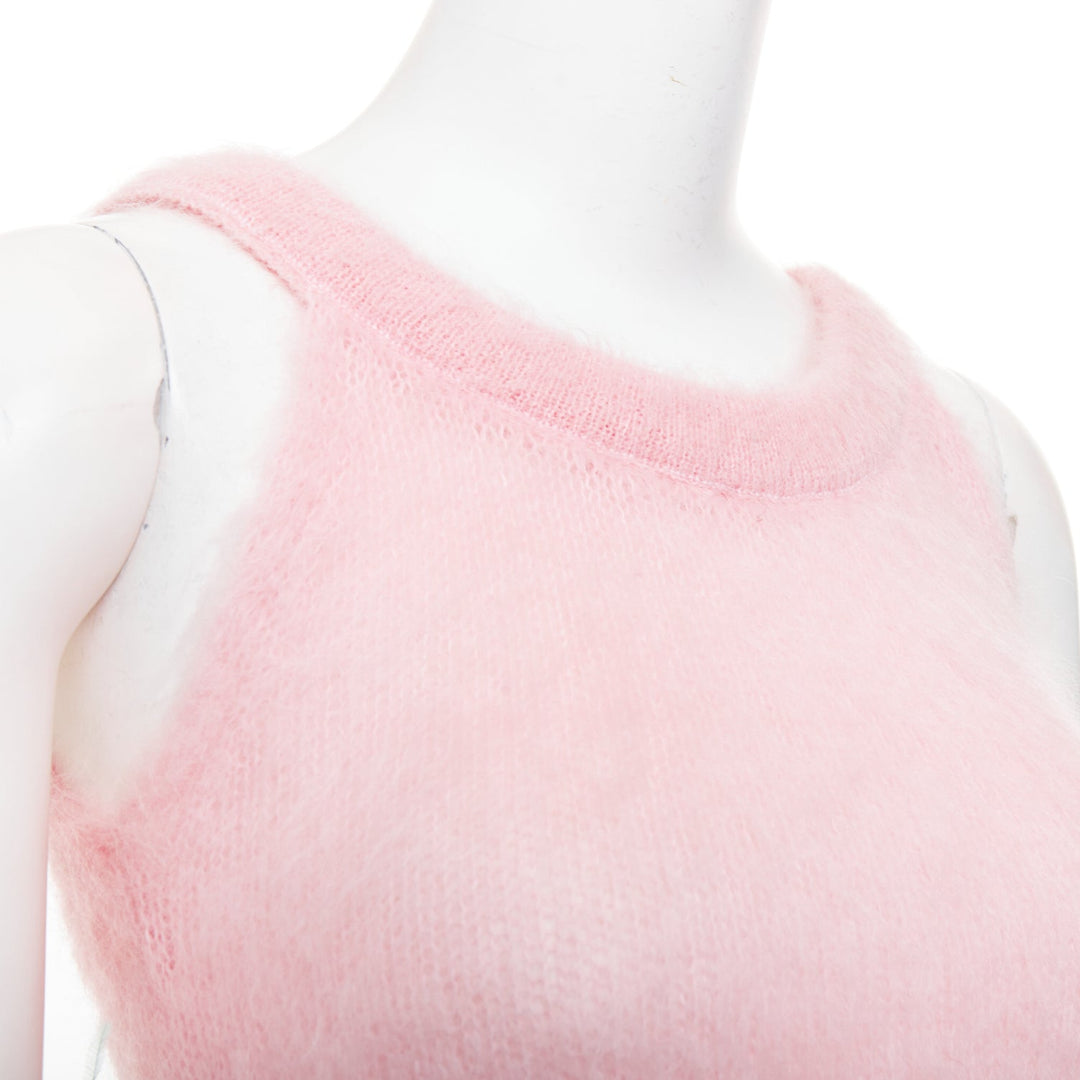 SAINT LAURENT 2022 Runway pink mohair wool green feather hem crop sweater M