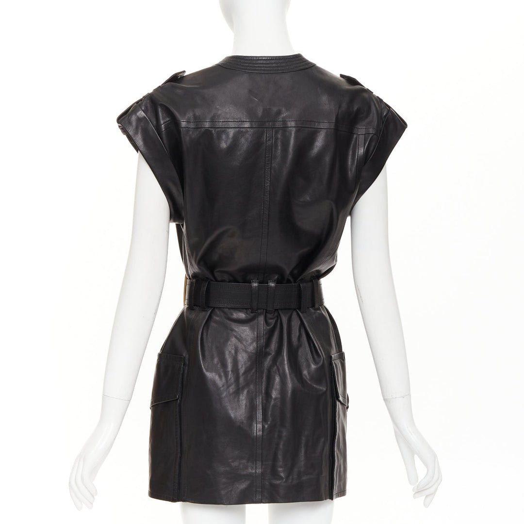 BALMAIN black lambskin leather XL gold buckle belted dress FR34 XXS