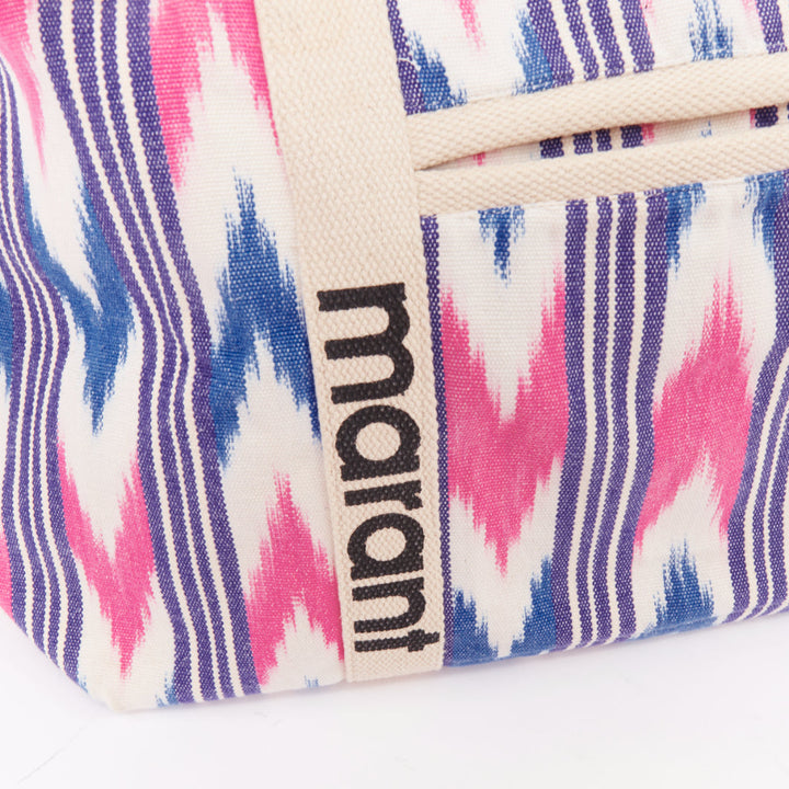 ISABEL MARANT Darwen creIkat print ecru pink blue graphic canvas logo tote bag
