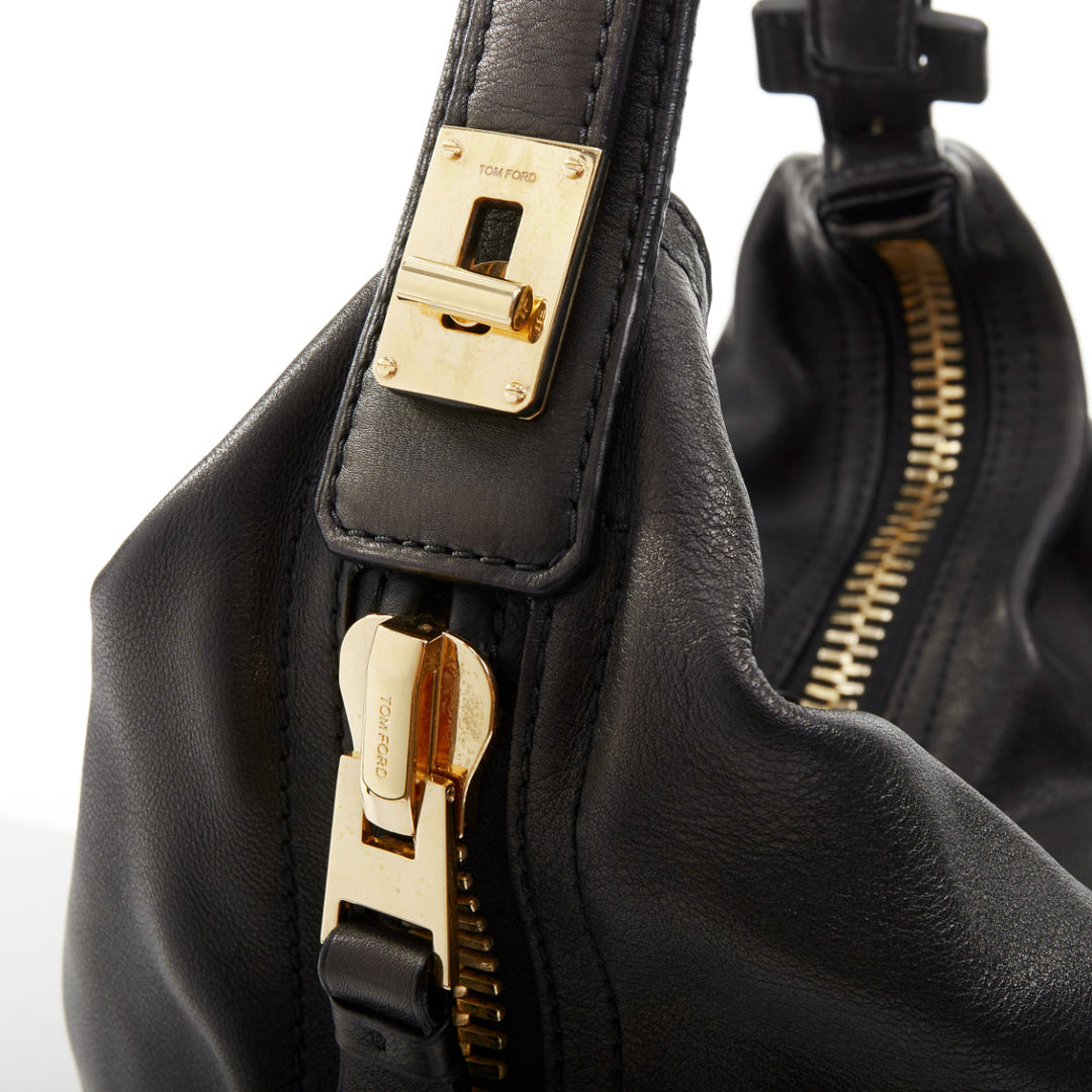 TOM FORD 2014 Jennifer oversized chunky gold zip black leather hobo bag pouch