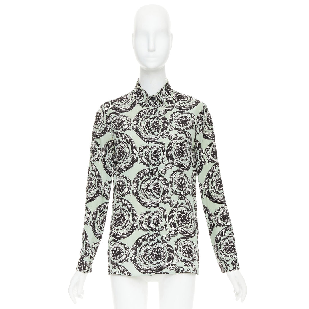 VERSACE 100% silk green black baroque floral print button up shirt IT38 XS