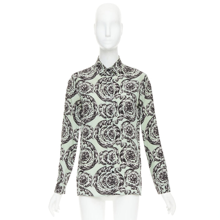 VERSACE 100% silk green black baroque floral print button up shirt IT38 XS