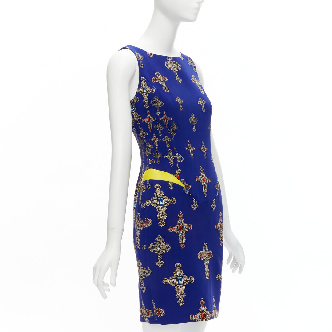 VERSACE 2012 royal blue Byzantine Cross print yellow leather waist shift dress