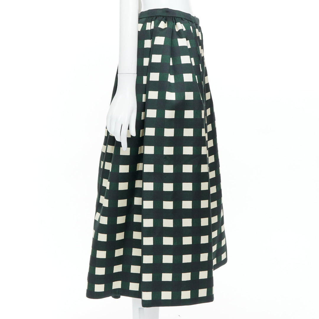 PRADA 2022 Runway green cream check print silk wool full midi skirt IT40 S