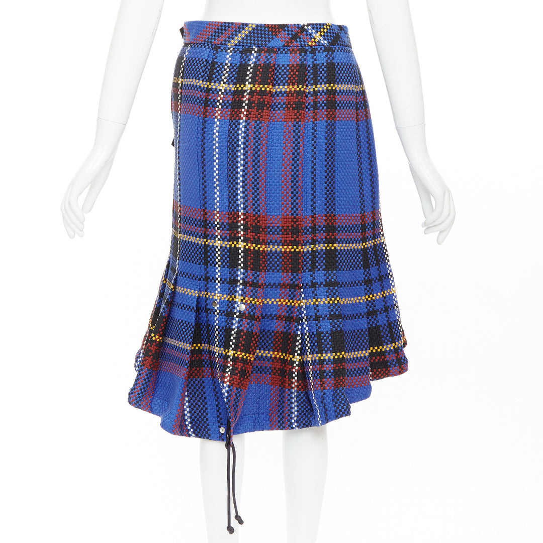SACAI 2017 blue plaid check cotton blend leather buckle wrap kilt skirt JP2 M