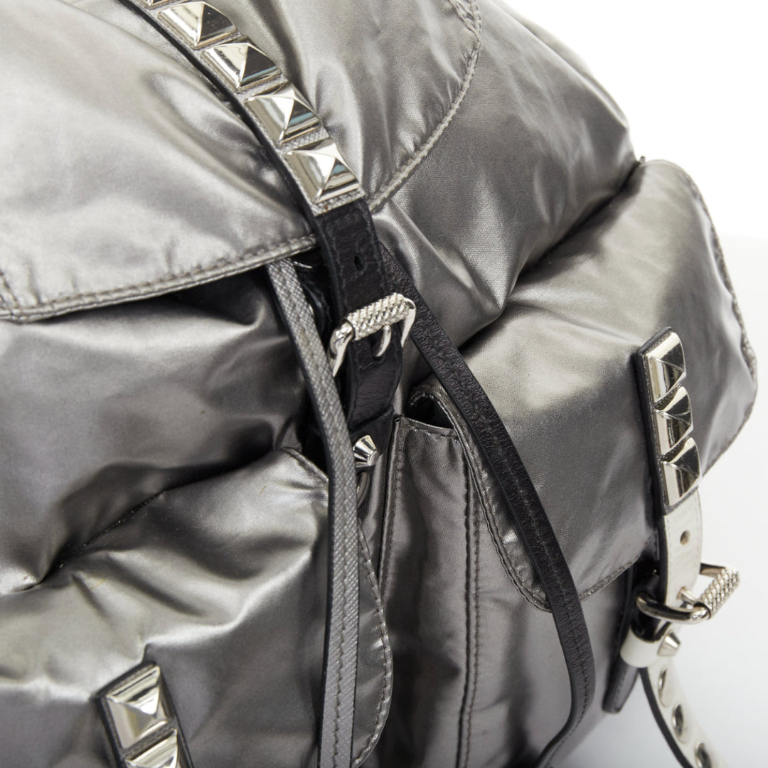PRADA 2018 Runway New Vela metallic punk studded leather strap nylon backpack