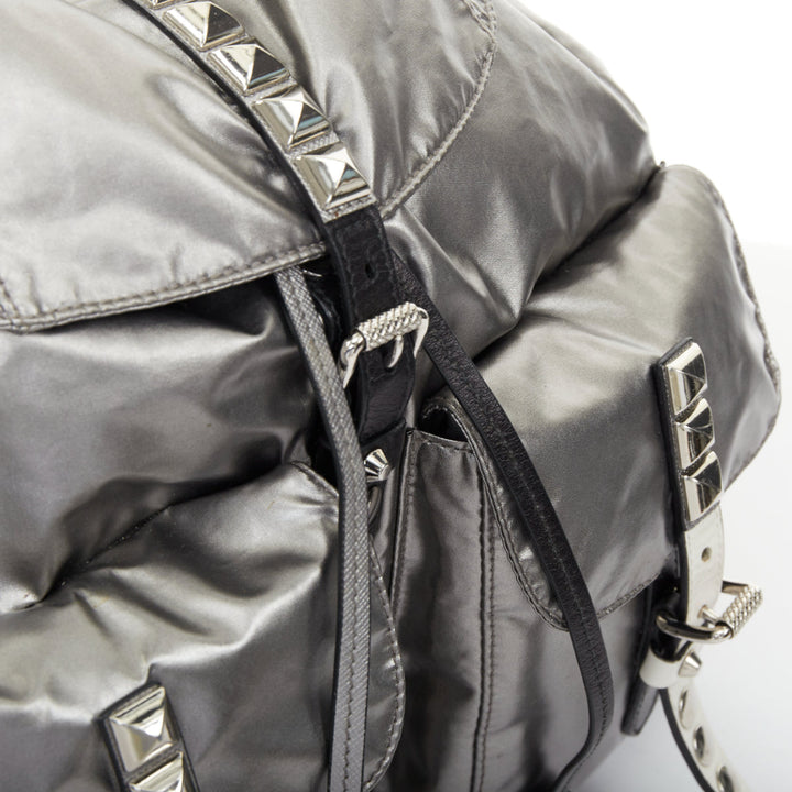 PRADA 2018 Runway New Vela metallic punk studded leather strap nylon backpack