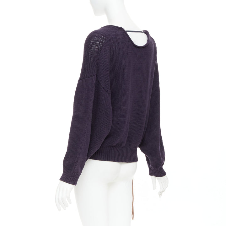 ACNE STUDIOS 2011 Sharp navy cotton wide scoop neck leather zip sweater XS