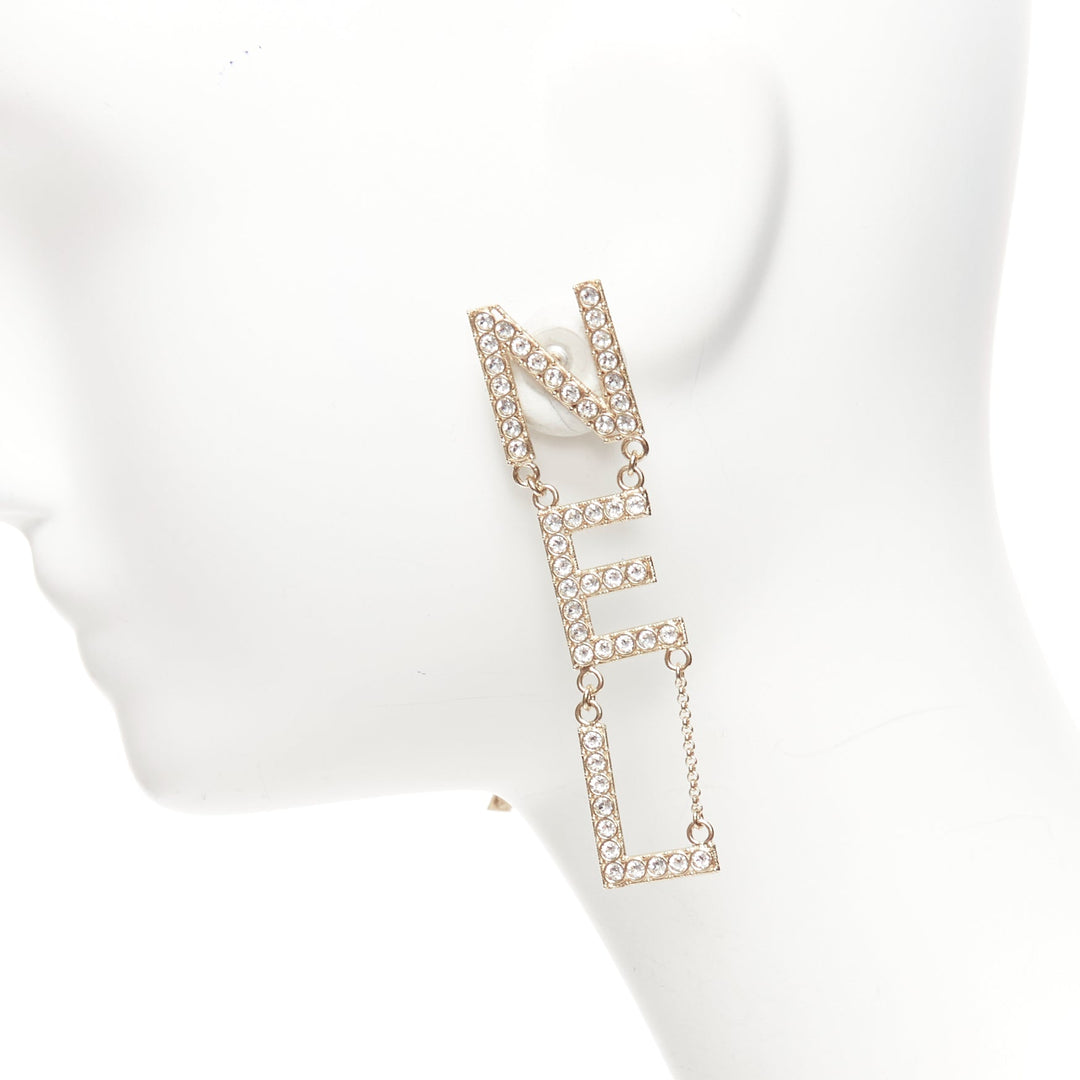 CHANEL B19S crystal CHA-NEL diamantes mismatch letter drop dangling pin earrings