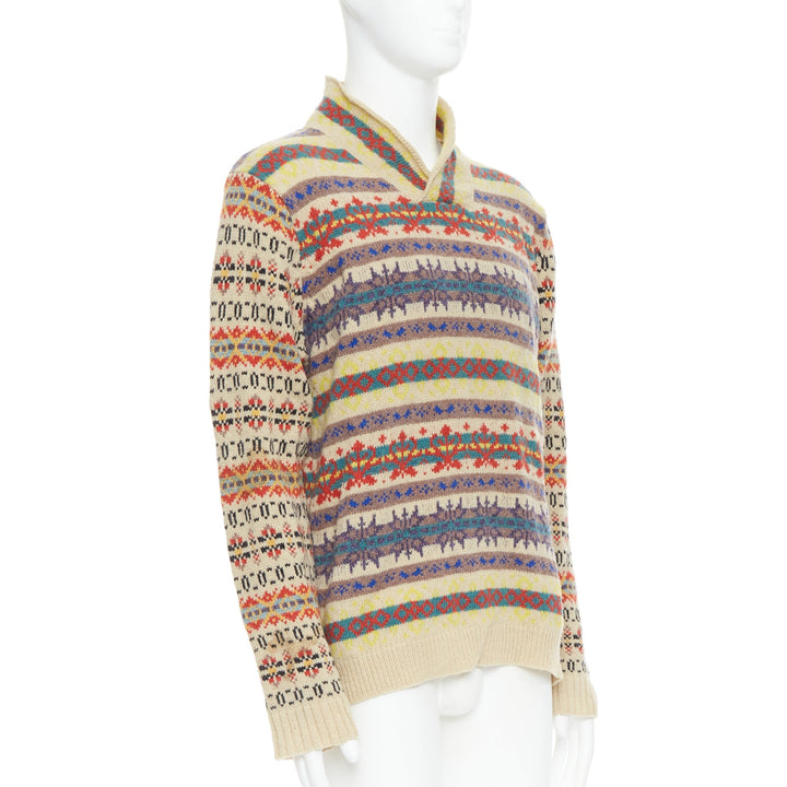 DRIES VAN NOTEN beige striped fairisle shetland wool sweater L