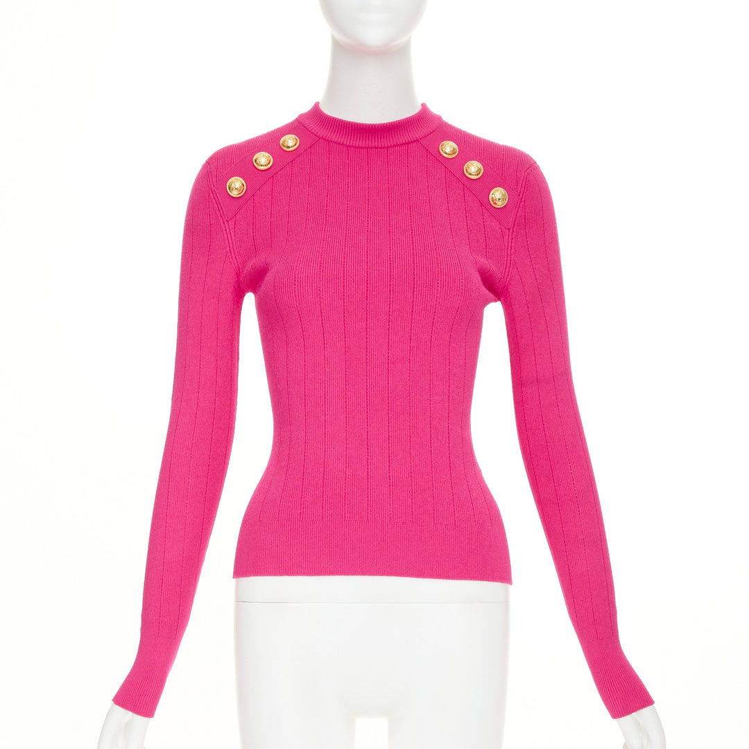 BALMAIN 2022 hot fuschia pink viscose gold buttons ribbed crew sweater FR36 S