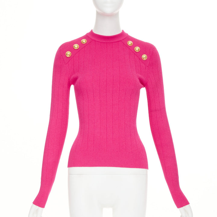 BALMAIN 2022 hot fuschia pink viscose gold buttons ribbed crew sweater FR36 S