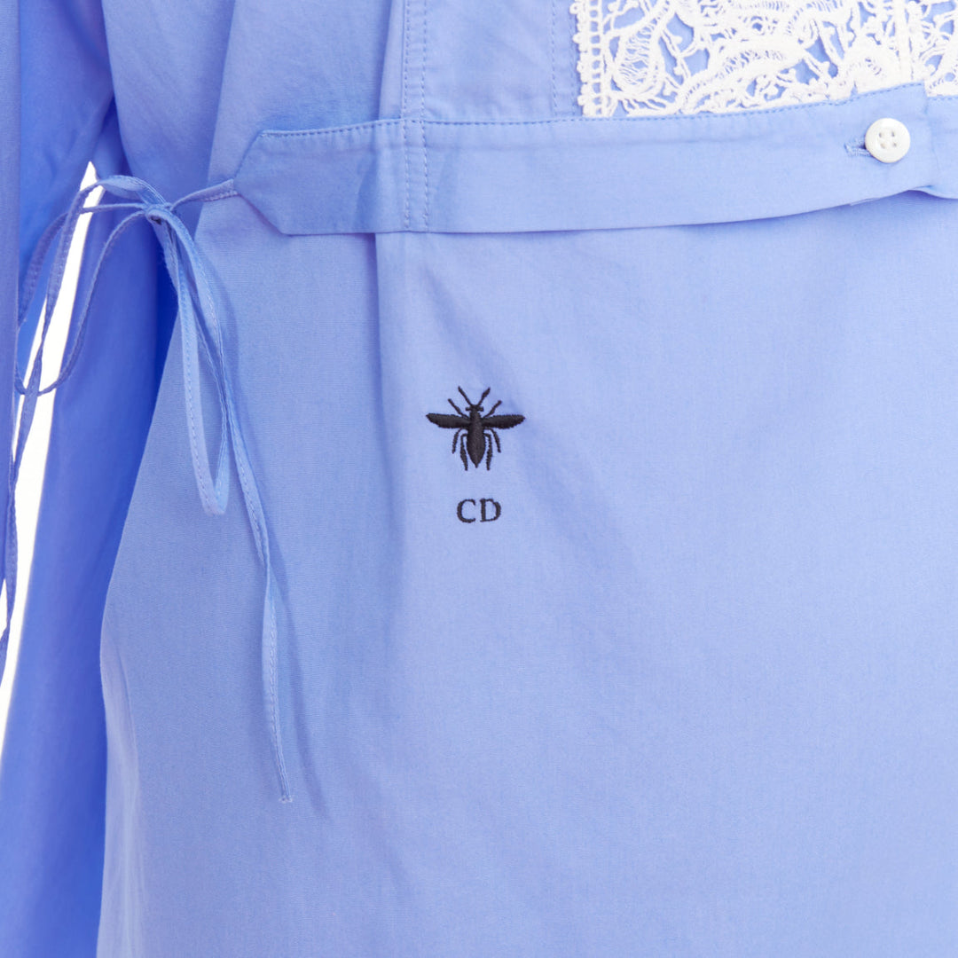 CHRISTIAN DIOR 2021 blue white lace plastron bib belted tunic shirt dress FR38 M