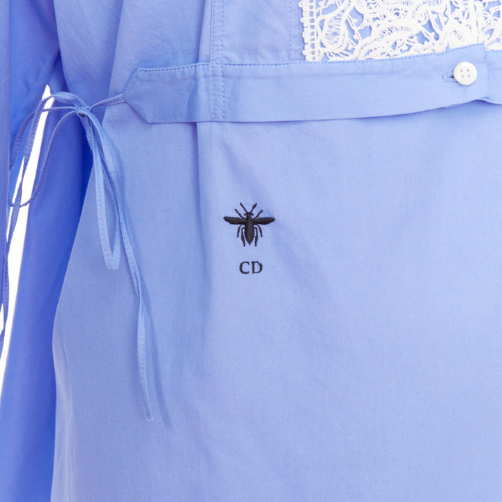 CHRISTIAN DIOR 2021 blue white lace plastron bib belted tunic shirt dress FR38 M
