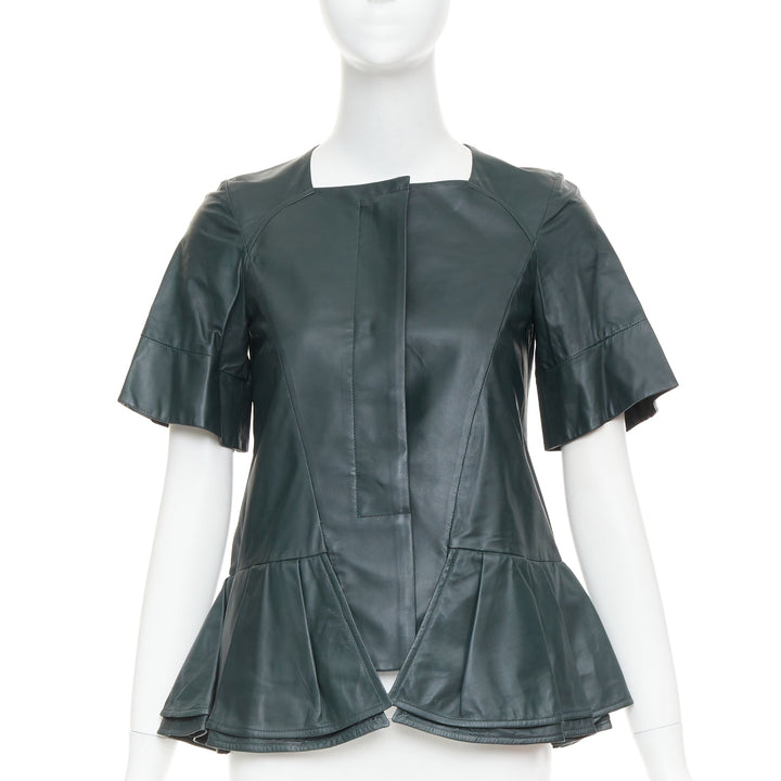 MARNI dark green nappa lamb leather panelled ruffled peplum jacket IT38 XS