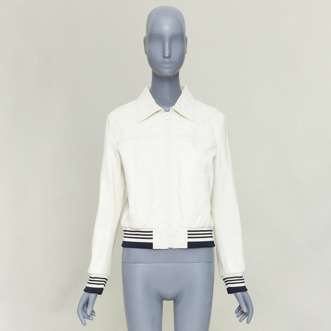 CELINE  cream textured lamb leather black striped ribbed cropped jacket FR38 M