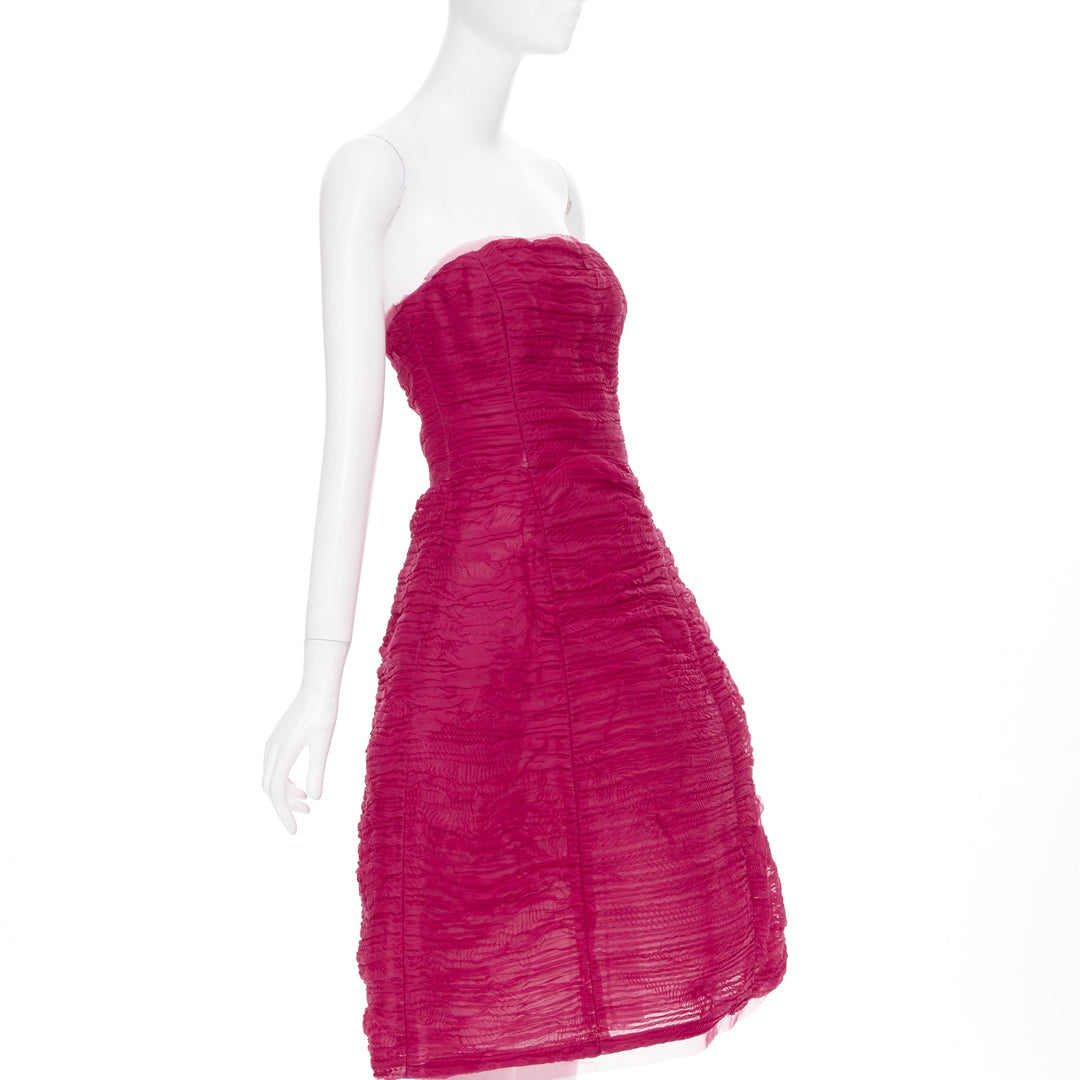 OSCAR DE LA RENTA R17 raspberry pleated silk strapless midi dress US6 M